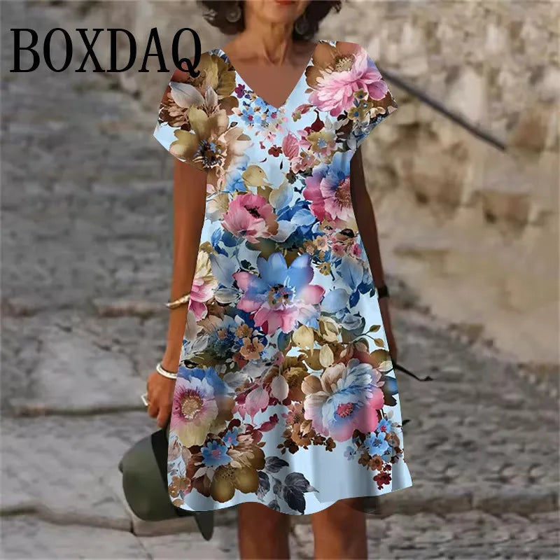 Plant Flowers Pattern Dresses Summer Women Clothing Fashion Plus Size Short Sleeve 3D Print Dress Casual Retro V-Neck Dress 6XL