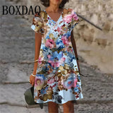 Plant Flowers Pattern Dresses Summer Women Clothing Fashion Plus Size Short Sleeve 3D Print Dress Casual Retro V-Neck Dress 6XL