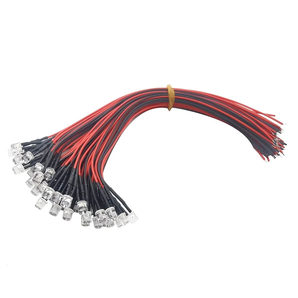 Lote de 20, 50 y 100 bombillas LED de 20 cm precableadas de 3 mm y 5 mm, diodos emisores precableados para decoración del hogar (DC12V)