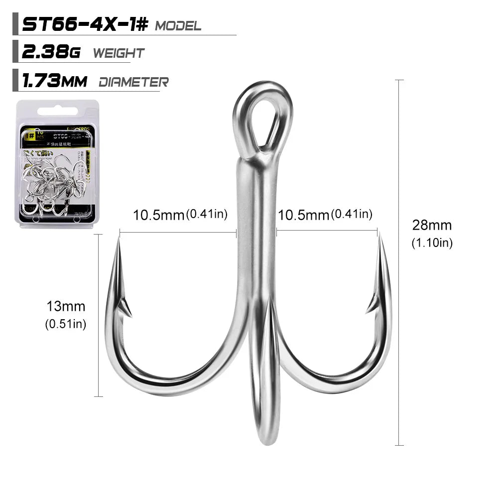 10pcs 4X 5/0# 4/0# 3/0# 1/0#-1# 2# 4# Super Strength Hooks Reinforced anchor Fishing Hook High-Carbon Steel Tin Treble Hook