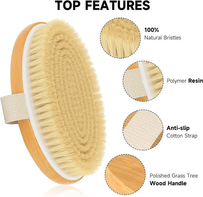 Escovas corporais secas, purificadores corporais esfoliantes, cerdas naturais para pele seca, melhoram a circulação, parar cabelos encravados