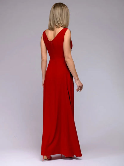 Women's 2025 Summer Solid Color Formal Dress - Sleeveless Evening Gown with Waist Accent, Elegant Floor Length Bridesmaid Dress