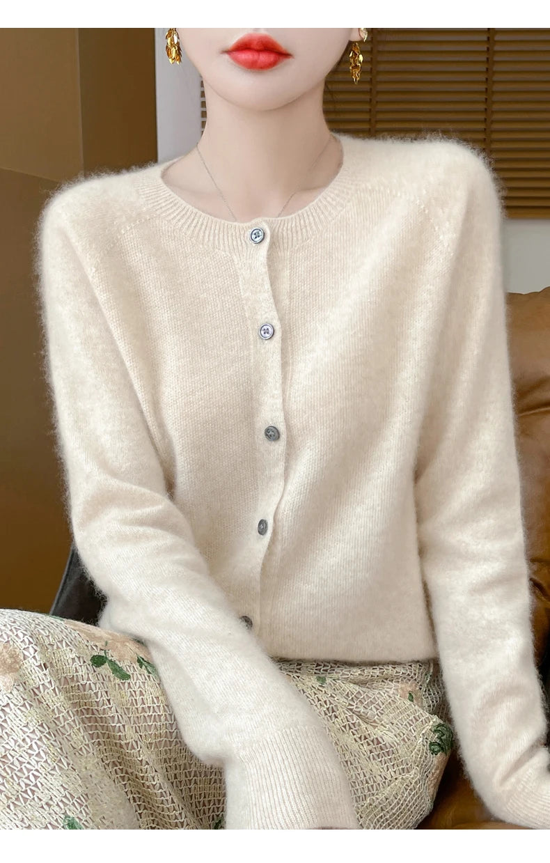 100% Merino Wool Long Sleeve Sweaters Cashmere Cardigan Spring Autumn Women O-Neck Knitwear Tops Clothing Fashion Basic Tops