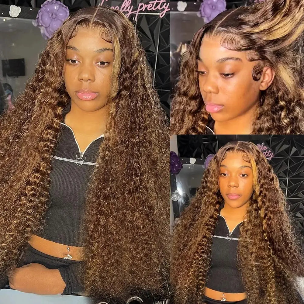 30 34 Inch Highlight Ombre Lace Front Wig Curly Human Hair Wigs Honey Blonde Colored HD Deep Wave Frontal Wigs For Black Women