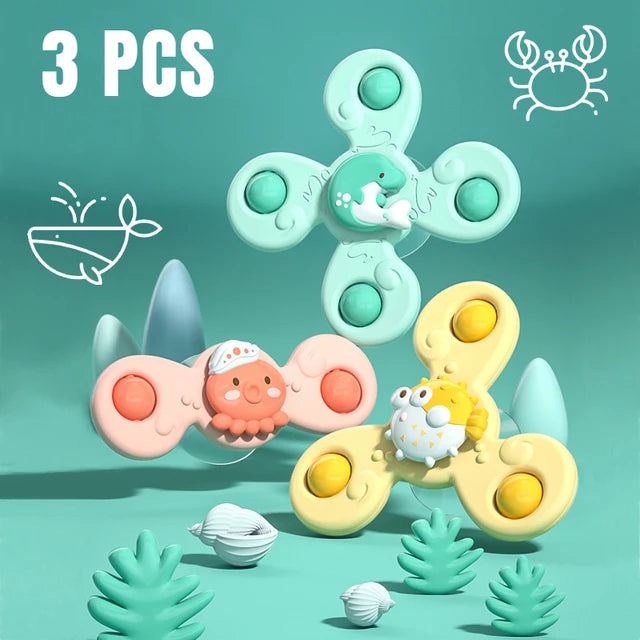 Cartoon Rattles Fidget Educational Toys for Kids, Baby Bath Toys, Funny Bathing Sucker Spinner, Suction Cup, Gift for Boys, 3pcs per Set 