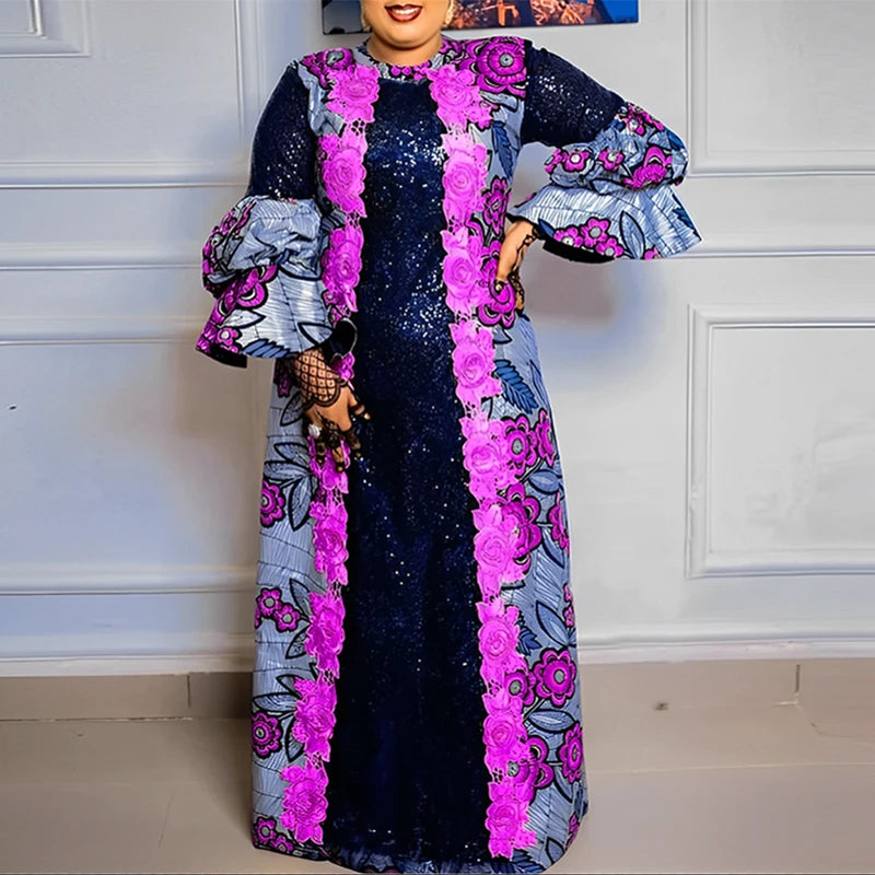 Plus Size VONDA Bohemian Women Flared Long Sleeve Maxi Dress Casual Vestidos Round Neck Loose Print Sundress Ruffles Long Robes