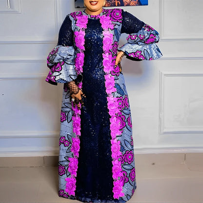 Plus Size VONDA Bohemian Women Flared Long Sleeve Maxi Dress Casual Vestidos Round Neck Loose Print Sundress Ruffles Long Robes