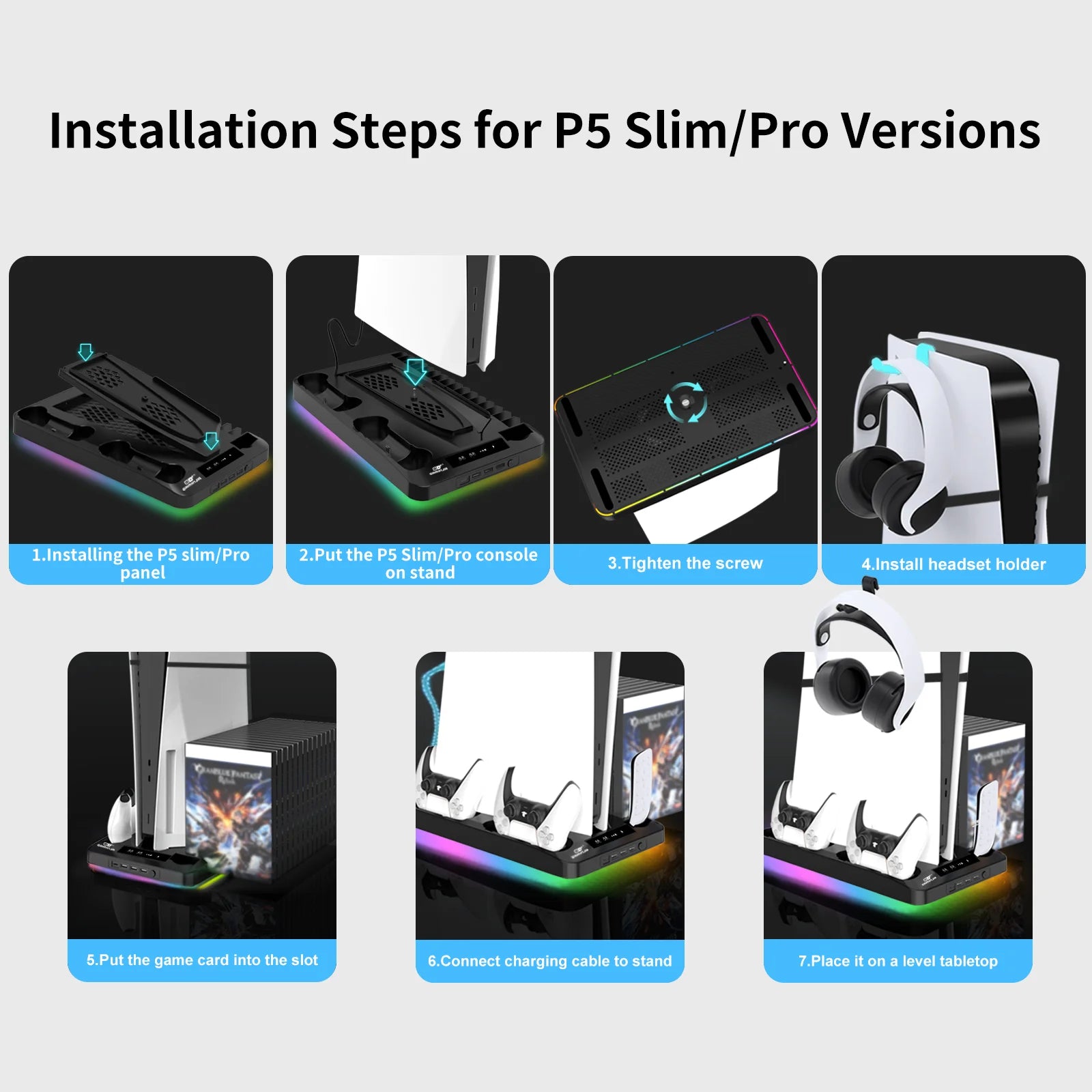 GAMINJA Host Heat Dissipation Base For PS5 With 7 Color Light Effect Headphone Hook Game Disc Storage Rack Handle Charging Stand