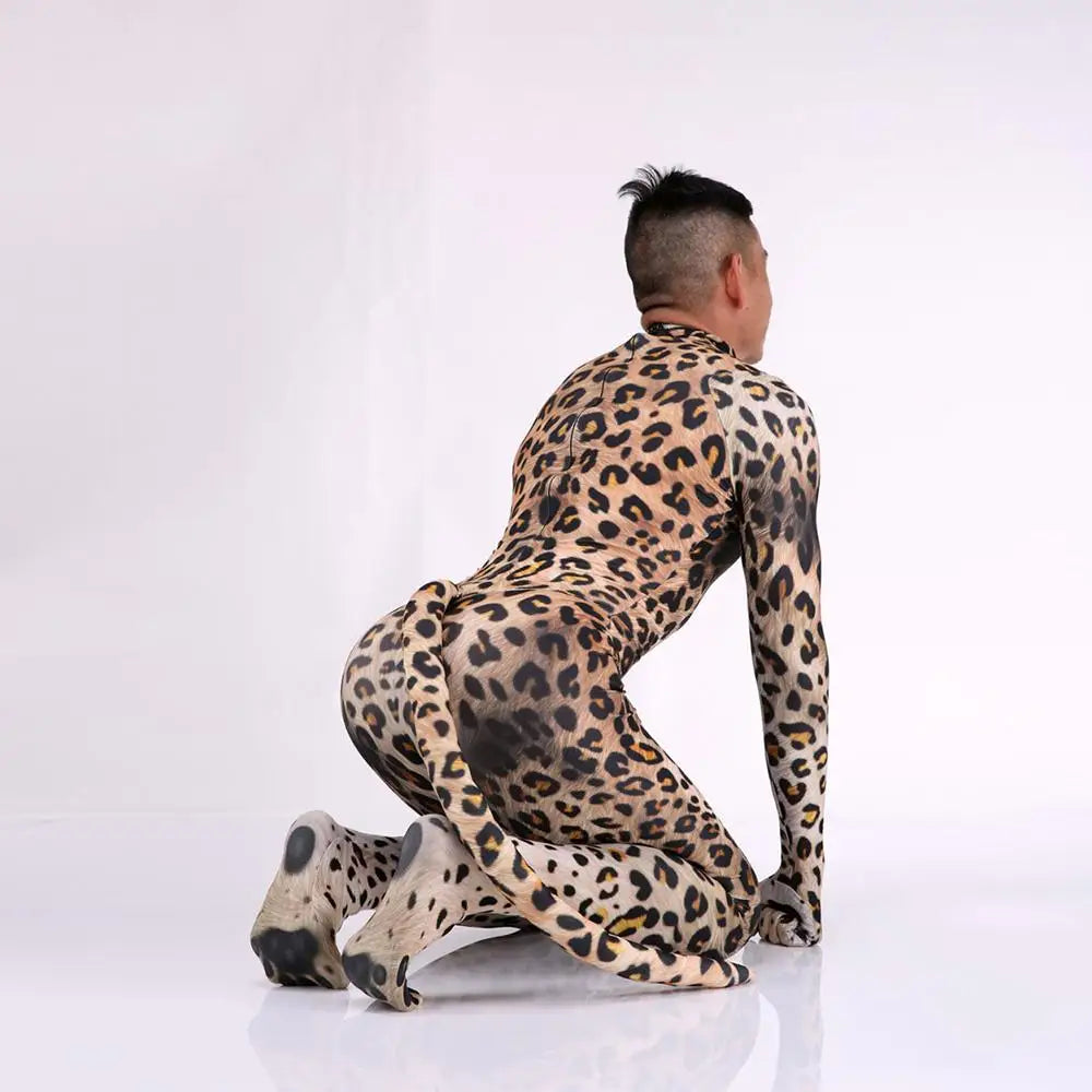 Zawaland Tiger Leopard Cheetah Petsuit for Men Animal Disguise Costume Crotch Zipper Zentai Halloween Carnival Full Bodysuits