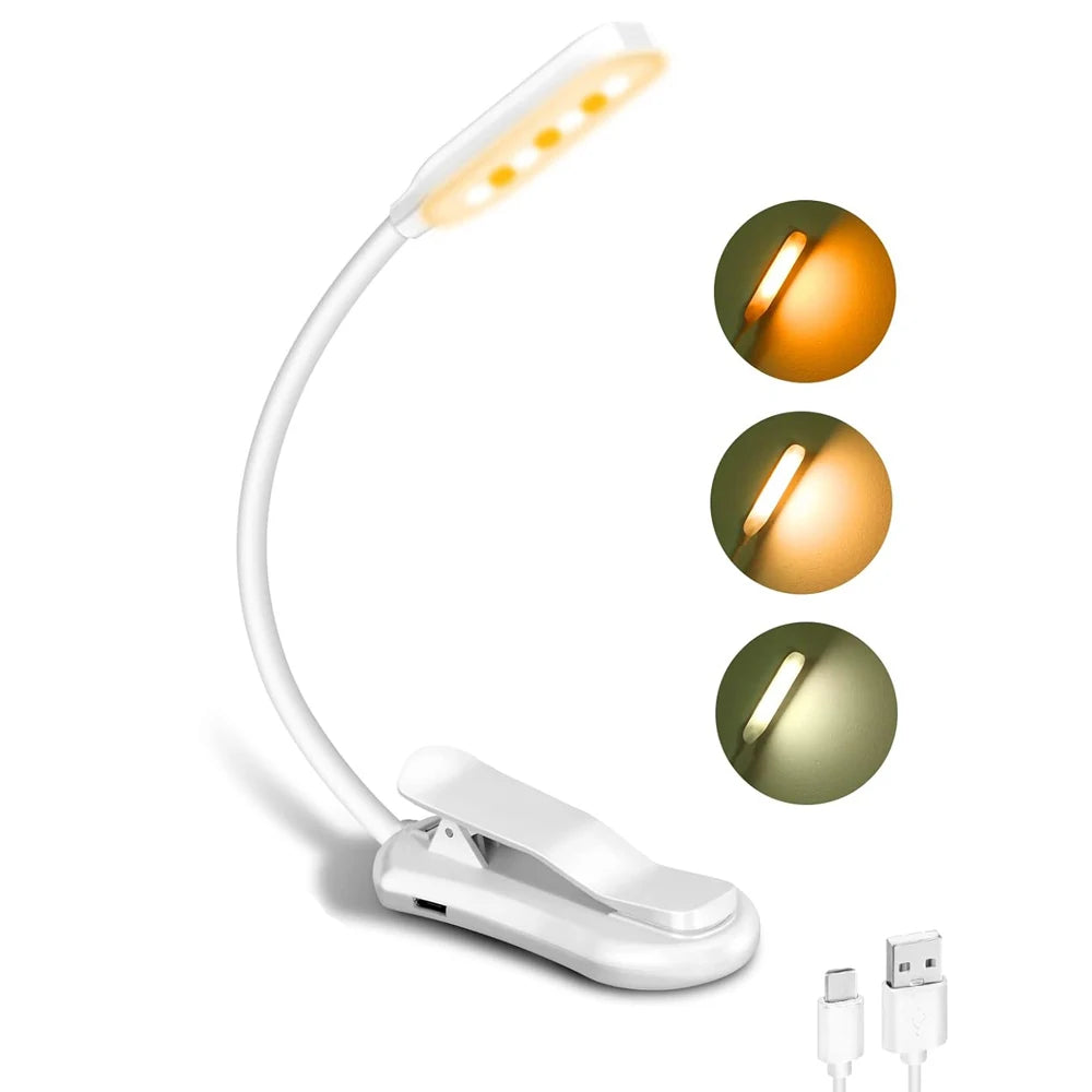 Rechargeable Book Reading Light Lamp, LED Book Light for Reading in Bed - Eye Caring Adjustable Brightness 3 Color Temperatures