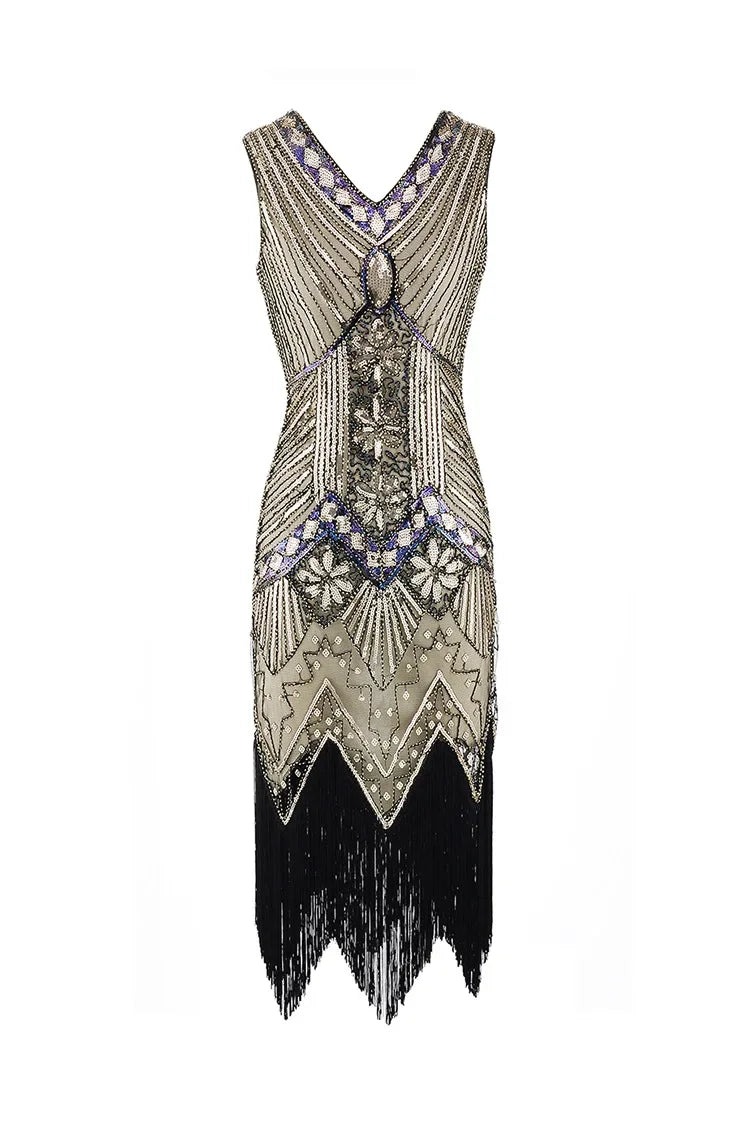 Mandylandy Women Vintage Dress Retro 1920s Great Gatsby Dress Sequin Flapper Sleeveless Dancing Party Prom Tassel Hem Dress