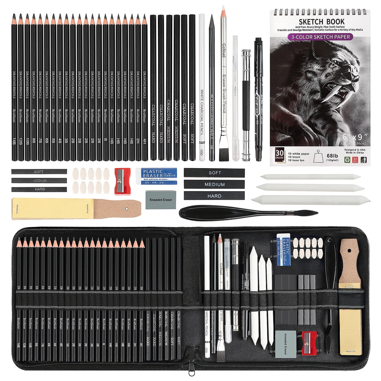 20/54/58/70/144 Drawing And Sketching Kit | Portable Travel Case | Graphite, Charcoal, White Color | Featuring Blending Stump