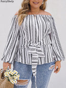 Fairyshely 2025 Spring Stripe Print Plus Size Top Women Long Sleeve Large Pullover T-shirt Lady Off Shoulder Casual Curvy Tops
