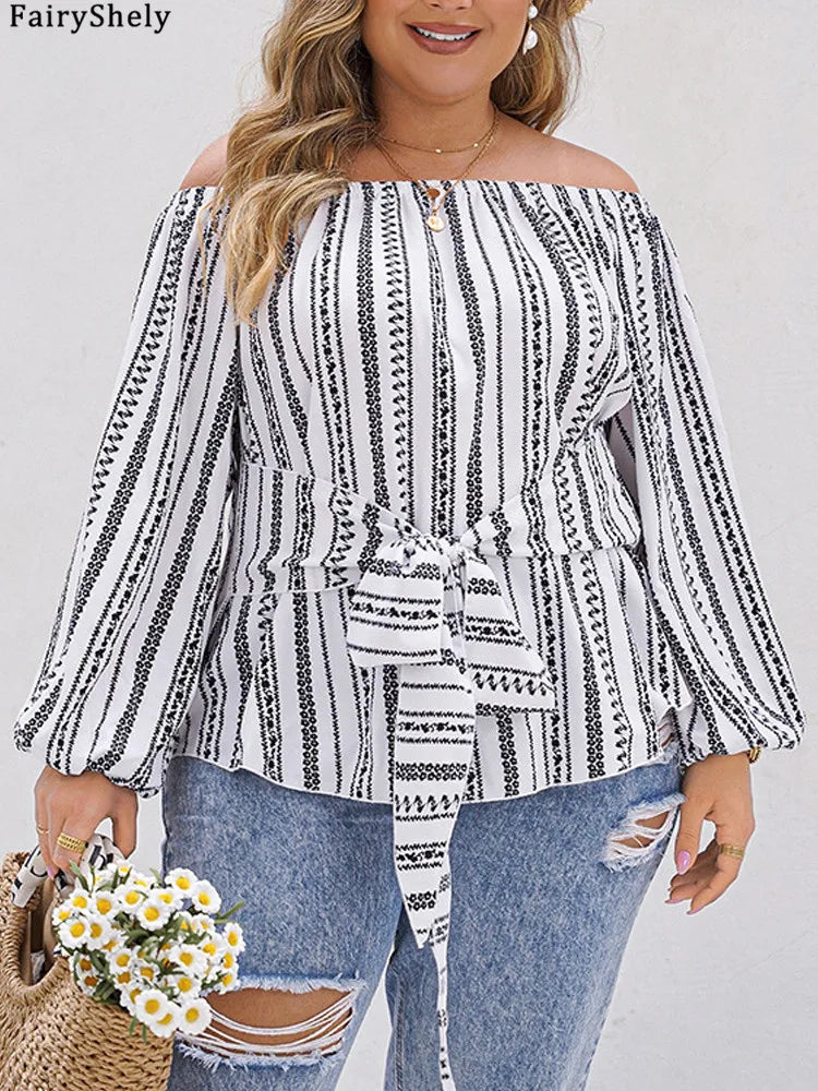 Fairyshely 2025 Spring Stripe Print Plus Size Top Women Long Sleeve Large Pullover T-shirt Lady Off Shoulder Casual Curvy Tops