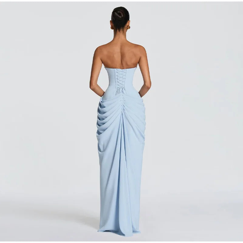 Sexy Solid Pleated Strapless Dress Lady Chic Off-shoulder Backless High Waist Split Dresses Women 2026 New Evening Party Gown