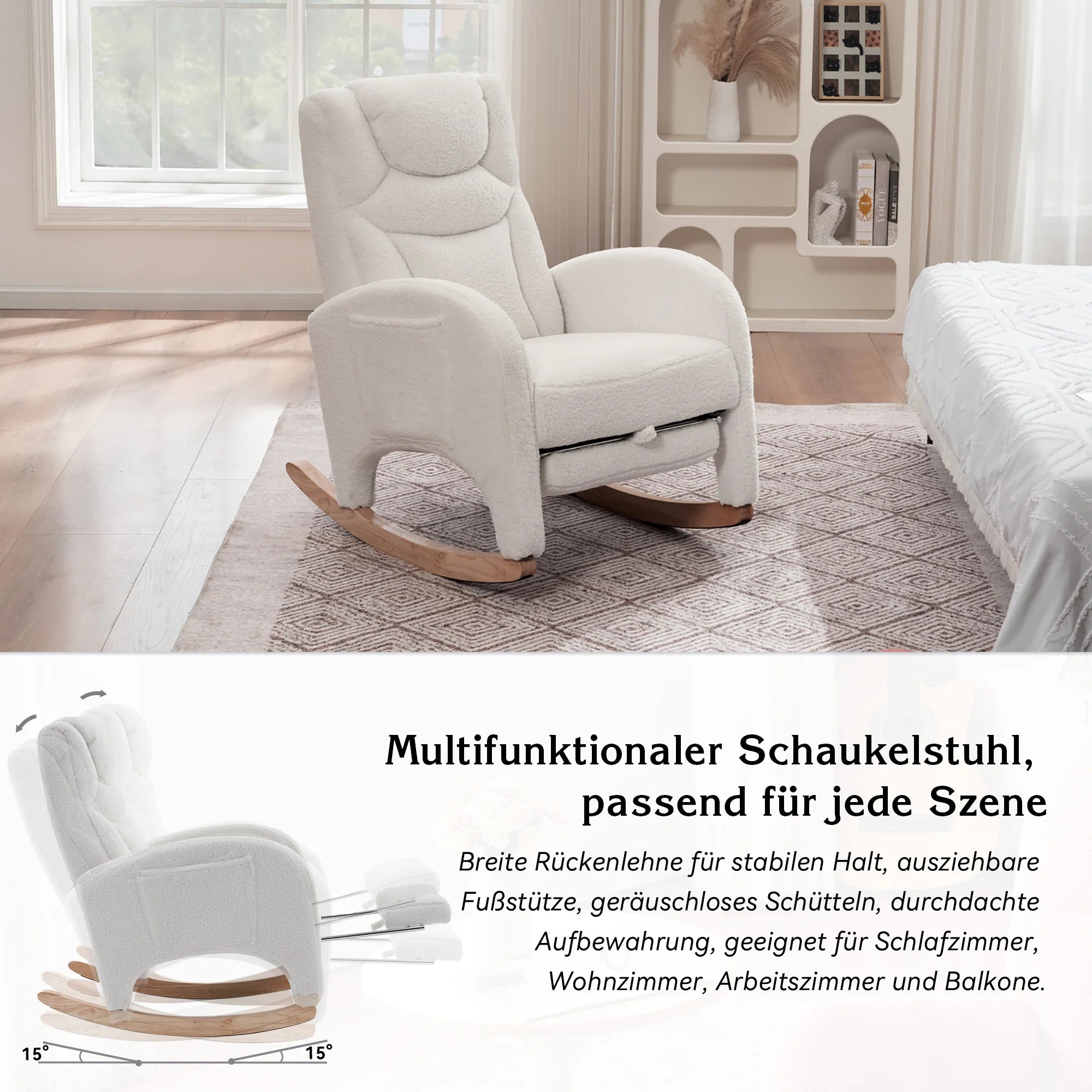 Anajqaqia Rocking Chair, Recliner, Living Room Chair with Armrests, Upholstered, Accent Chair for Bedroom, White Teddy Fabric