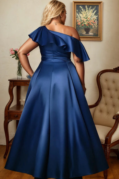 Cetim elegante feminino plus size maxi vestido plissado uma manga fora do ombro bainha irregular festa noite vestidos de casamento 2025