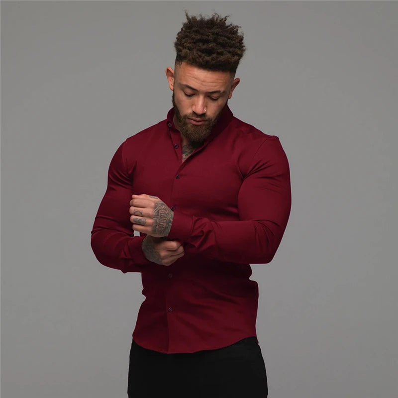 Men's Fitness Micro-bomb Long Sleeve Tee Tops Slim Fit Thin Breathable Muscle T-Shirt Turn Down Collar Business Non-Iron Shirts