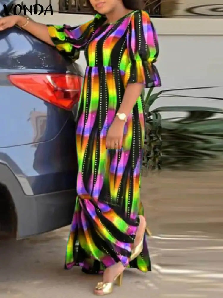 Vonda-Vestido maxi feminino boêmio de meia-sopro, túnico grande, longo, casual, vintage, estampado, tamanho grande, 5XL, verão, 2024