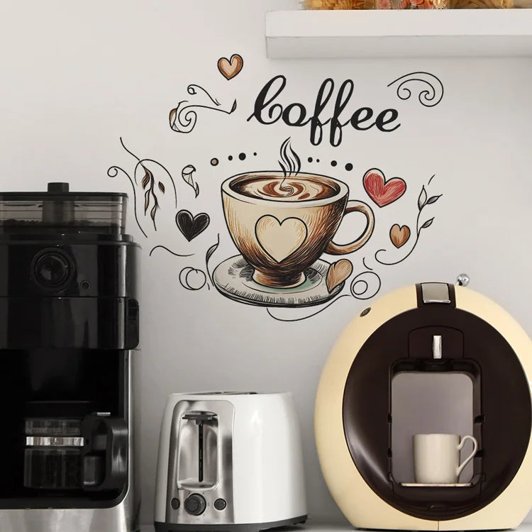 Creative Love Coffee Cup Wall Stickers For Cafe Background Decoration Wallpaper Kitchen Beautify Home Decor Self-adhesive Decals