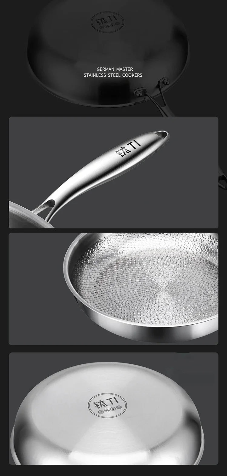 German Titanium Steel Frying Pan Uncoated Non Stick Pan Fish Scale Hammer Pattern Household Steak Frying Pan Kitchen Cookware