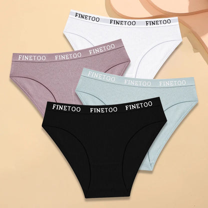 FINETOO - 4 piezas de ropa interior de algodón a rayas para mujer, bragas con cinturón y letras, lencería de cintura baja, bragas transpirables sólidas