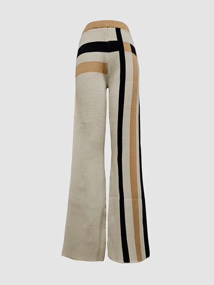 Beautyblue 2 Piece Sets Women Outfit Pant Sets 2025 New Round-Neck Pullovers Khaki Sweater Striped Wide Leg Pants Tops&Bottoms