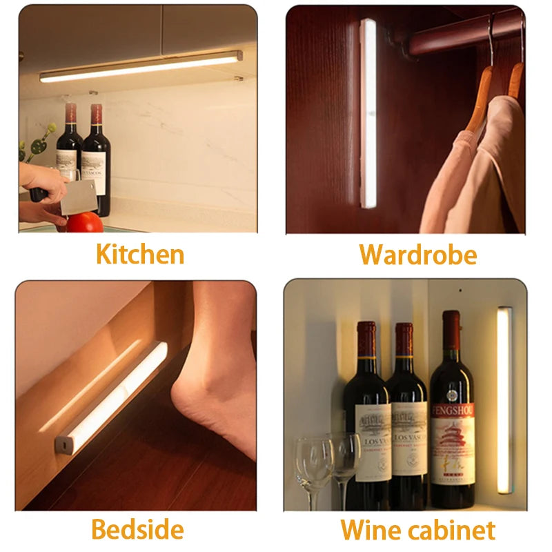 Luz LED Noturna Sem Fio com Sensor de Movimento e Recarregamento Tipo C – Iluminação para Armários, Guarda-roupas, Escadas e Cozinha