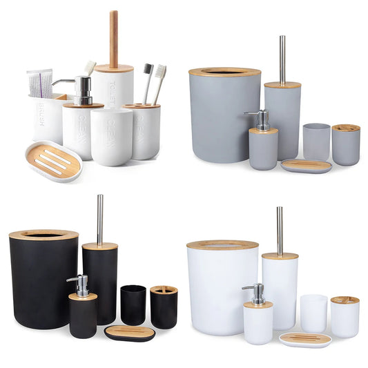 Juego de accesorios de baño, dispensador de jabón, botella, plato, lavabo, soporte para cepillo de dientes, taza, traje, estante para loción, cepillo de inodoro, cubo de basura