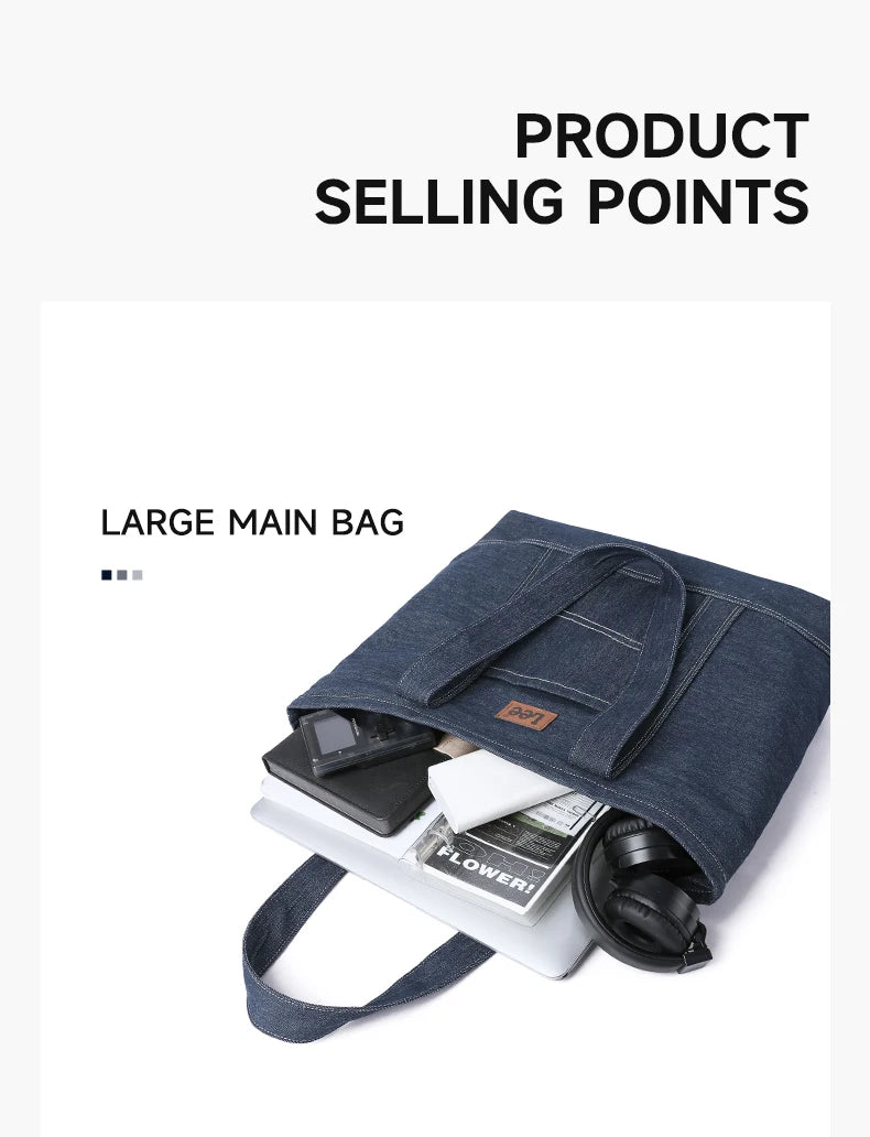 LEE Unisex Utility Canvas Leather Zipper Tote Bag Casual Denim Daily Shopping Handbag Women Men Durable Student School Book Bag