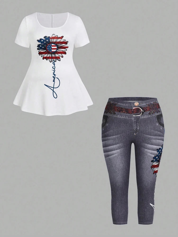 Conjunto plus size de 2 peças plus size, blusa com estampa floral de manga curta com gola redonda e calças jeans casuais com bolsos e cinto