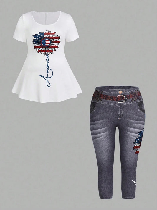 Conjunto plus size de 2 peças plus size, blusa com estampa floral de manga curta com gola redonda e calças jeans casuais com bolsos e cinto