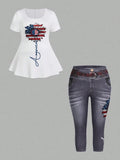 Conjunto plus size de 2 peças plus size, blusa com estampa floral de manga curta com gola redonda e calças jeans casuais com bolsos e cinto