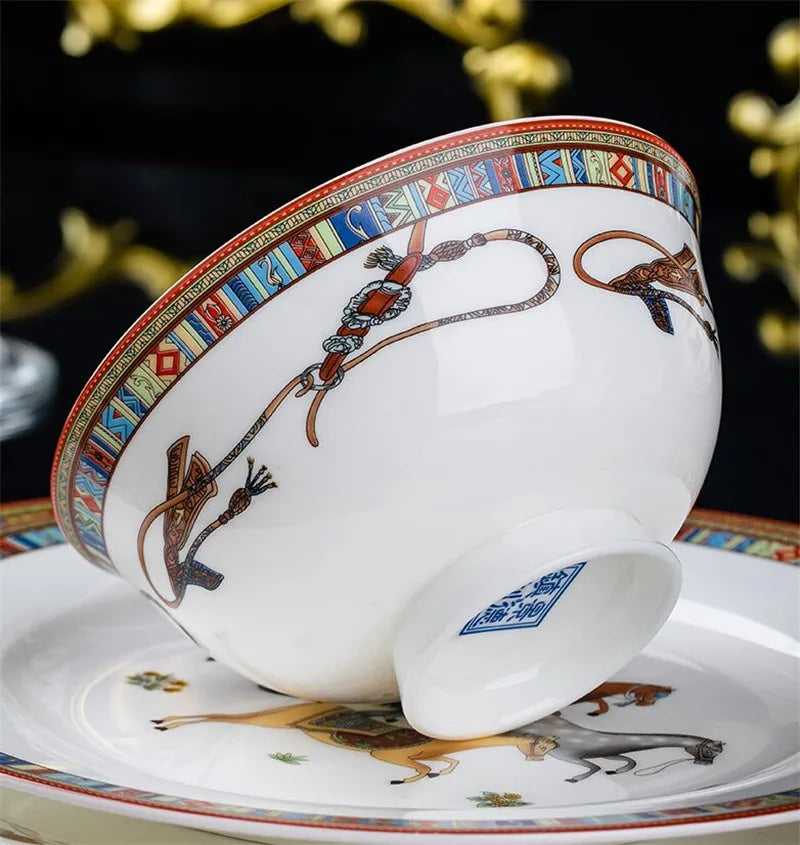 Bone China Tableware Set,Ceramic Luxury Kitchen Dinnerware,Porcelain Bowl,Plate,Spoon Combination,Wedding Gift,Horse Finished