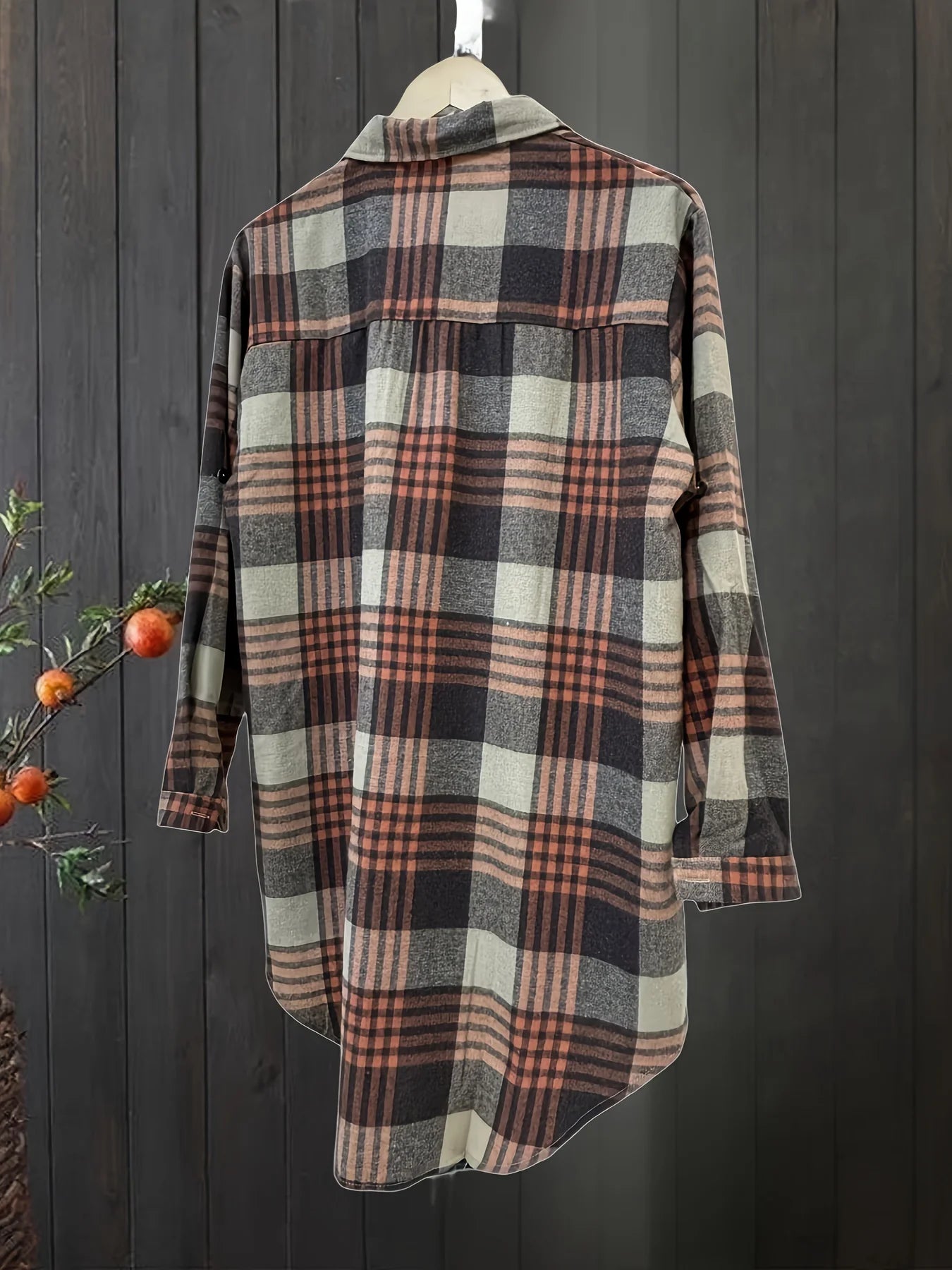 Blusa informal de manga larga holgada con cuello vuelto retro para mujer, camisa a cuadros de talla grande para primavera y verano, de largo medio