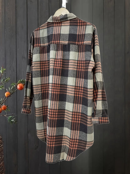 Blusa informal de manga larga holgada con cuello vuelto retro para mujer, camisa a cuadros de talla grande para primavera y verano, de largo medio