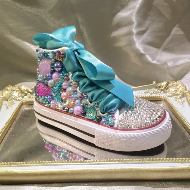 Dollbling Shell Simulation Canvas Shoes, DIY Bling Handmade Shoes, Mermaid Theme, Kids High Top Pearls Sneakers, Under the Sea 