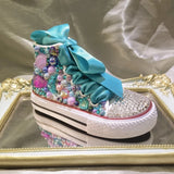 Dollbling Shell Simulation Canvas Shoes, DIY Bling Handmade Shoes, Mermaid Theme, Kids High Top Pearls Sneakers, Under the Sea 