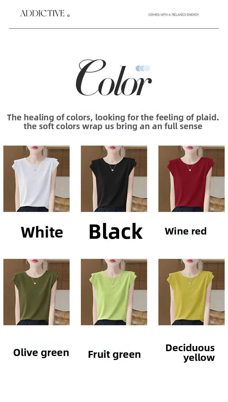Summer Ice Silk Loose Fashionable Simple Pure Color round Neck Fly Sleeve T Shirt Women Short Sleeve Simple Style Crew Neck