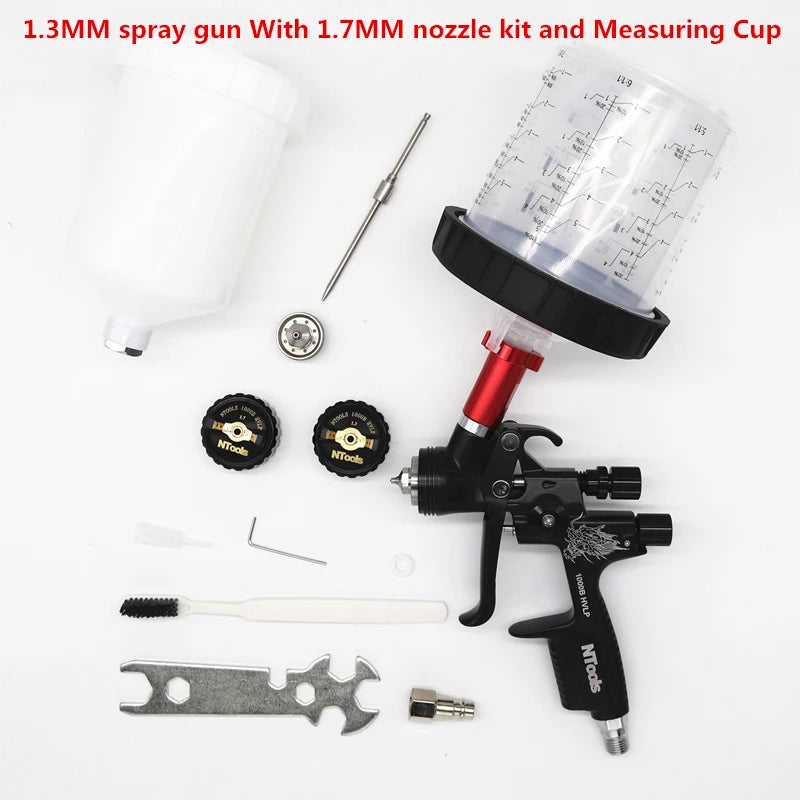 Pistola pulverizadora hvlp com adaptador e tanque misto, pistolas de pintura para reparo de carro, bico de 1.3 e 1.7mm para pintura, pistola de ar à base de água