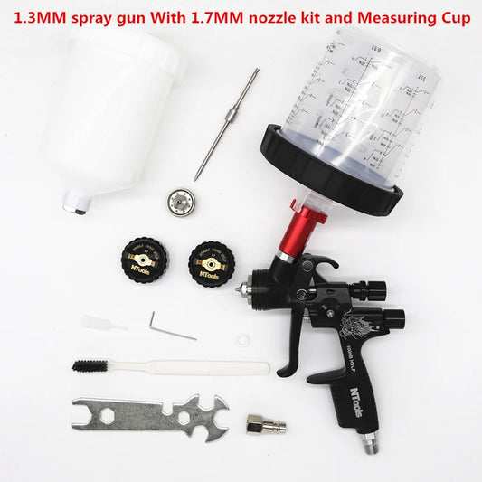 HVLP Spray Gun with Adapter and Mixing Tank Car Repair Paint Spray Guns 1.3 and 1.7mm Nozzle for Painting Water-Based Air Spray Gun