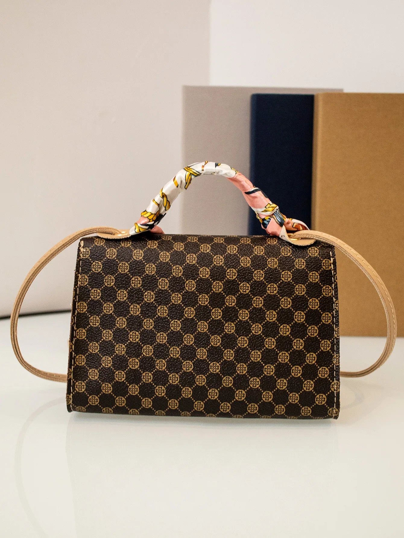 Casual Versatile Floral Print Shoulder Bag Simple Design Silk Scarf Handbag Fresh Sweet Style PVC Material Small Square Bag