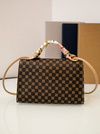 Casual Versatile Floral Print Shoulder Bag Simple Design Silk Scarf Handbag Fresh Sweet Style PVC Material Small Square Bag
