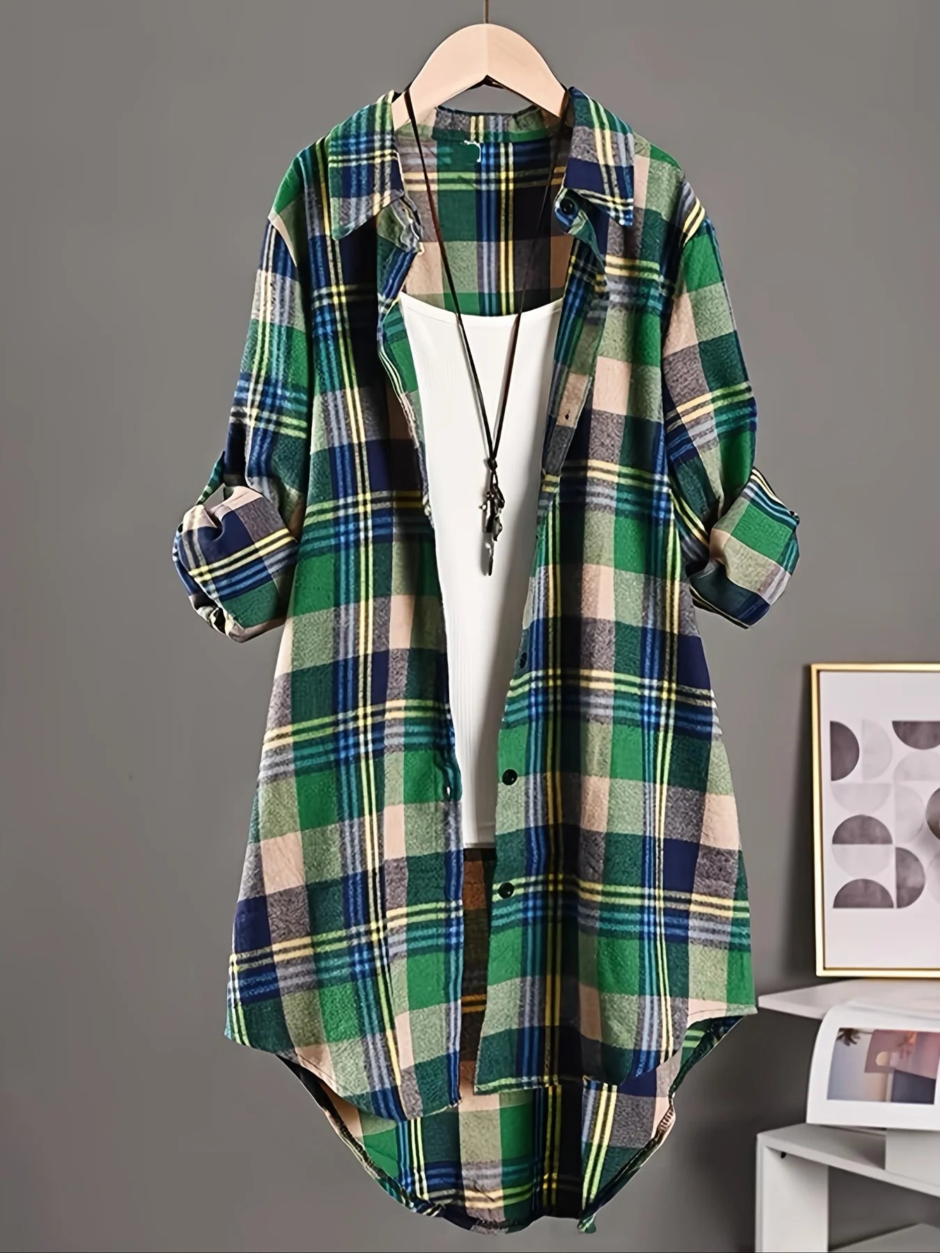 Plus Size 1XL-5XL Fashion Women's Plaid Printed Shirt Casual Loose Long-Sleeved Shirt Simple Lapel Design Shirt Top