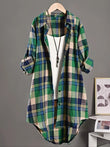 Plus Size 1XL-5XL Fashion Women's Plaid Printed Shirt Casual Loose Long-Sleeved Shirt Simple Lapel Design Shirt Top