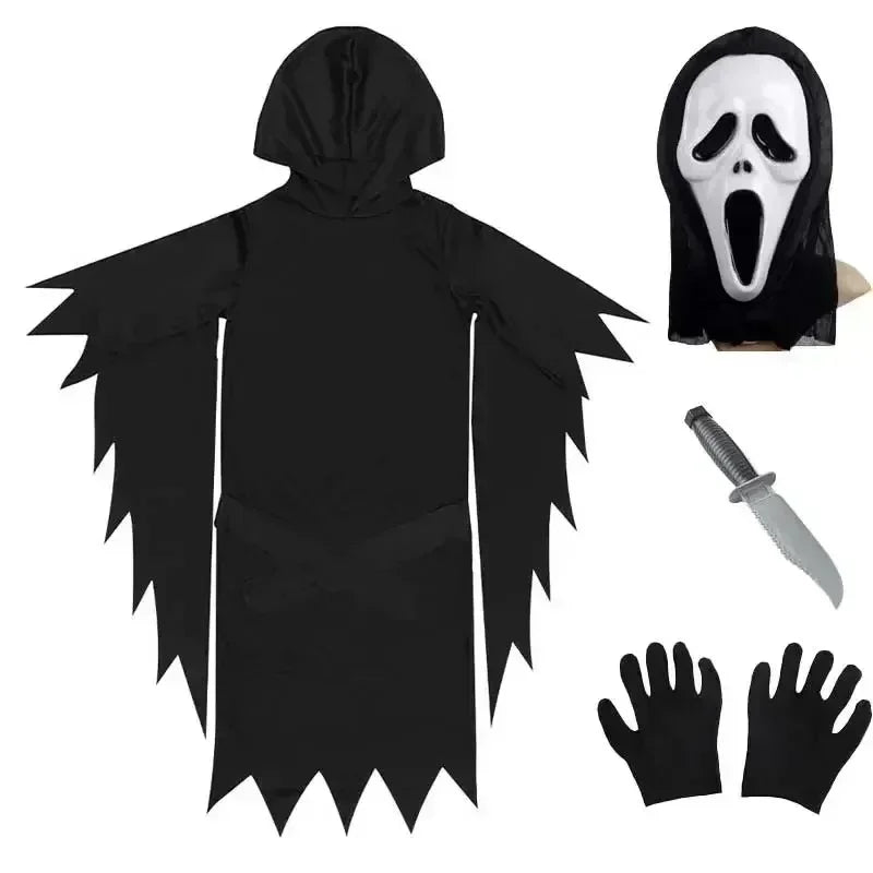 Disfraz de grito para niños, vestido elegante para niños, fiesta de Halloween, disfraz de cara de fantasma de la muerte y terror, disfraz de Halloween para niños y adolescentes