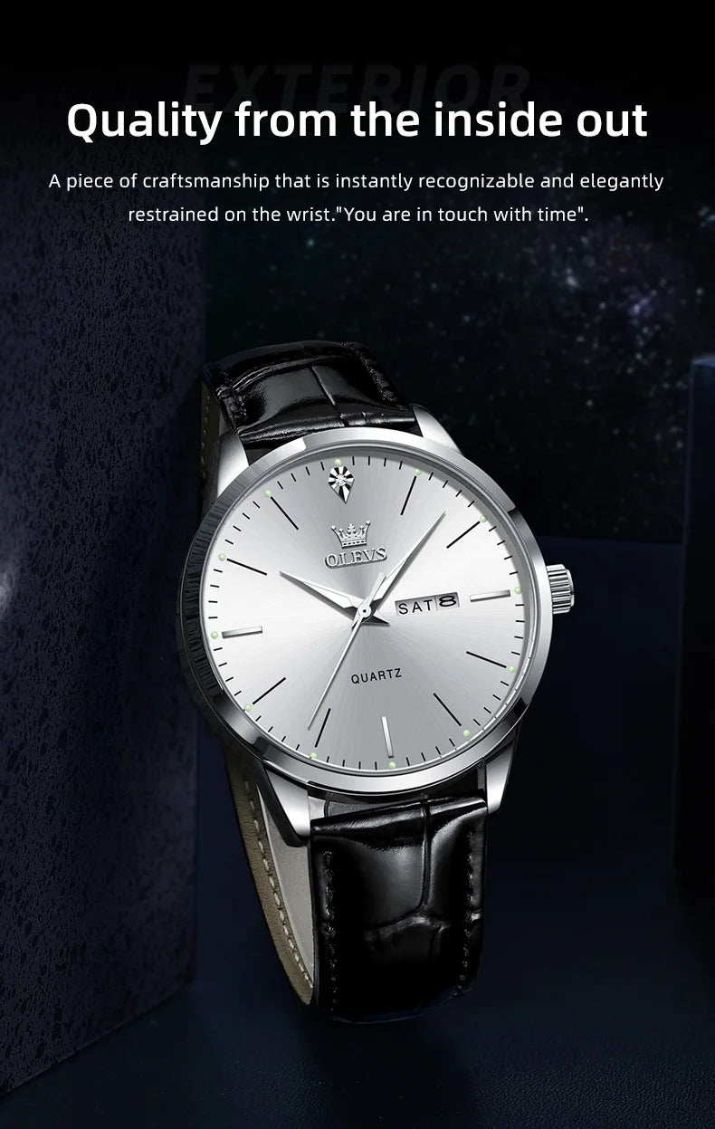 Reloj de vestir de cuarzo OLEVS 2935 con calendario dual para hombre, sencillo y original, de cuero, resistente al agua, luminoso, para negocios.