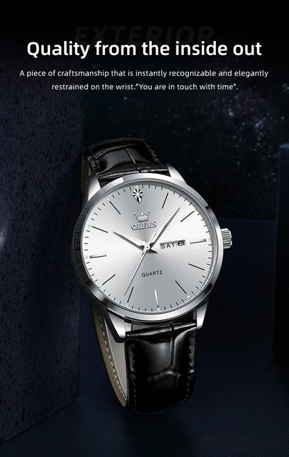 Reloj de vestir de cuarzo OLEVS 2935 con calendario dual para hombre, sencillo y original, de cuero, resistente al agua, luminoso, para negocios.