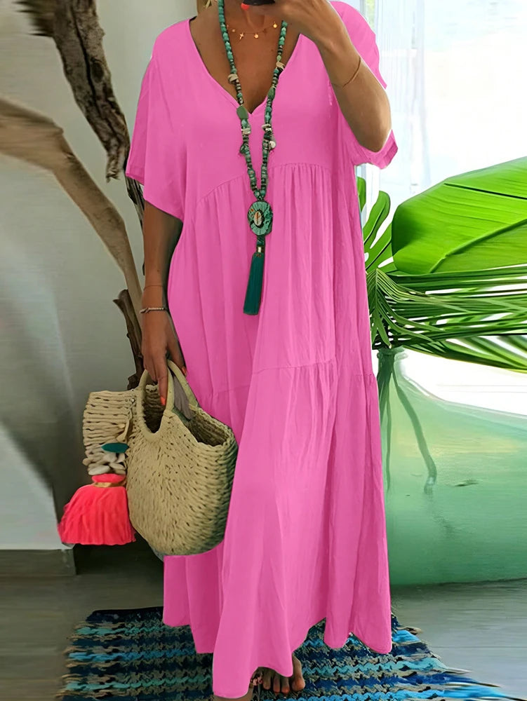 Plus Size 2025 Summer New V-neck Short Sleeve Pleated Solid Colour Loose Casual Midi Dress Basic Hem Pleated