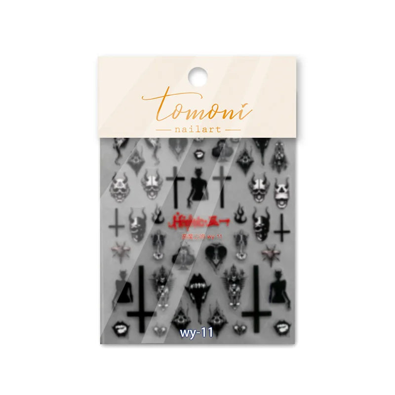 1 Sheet 5D Realistic Dark Series Demon Kiss Bloody Skull Tooth Eye Web Cross Adhesive Nail Art Stickers Decals Manicure Charms